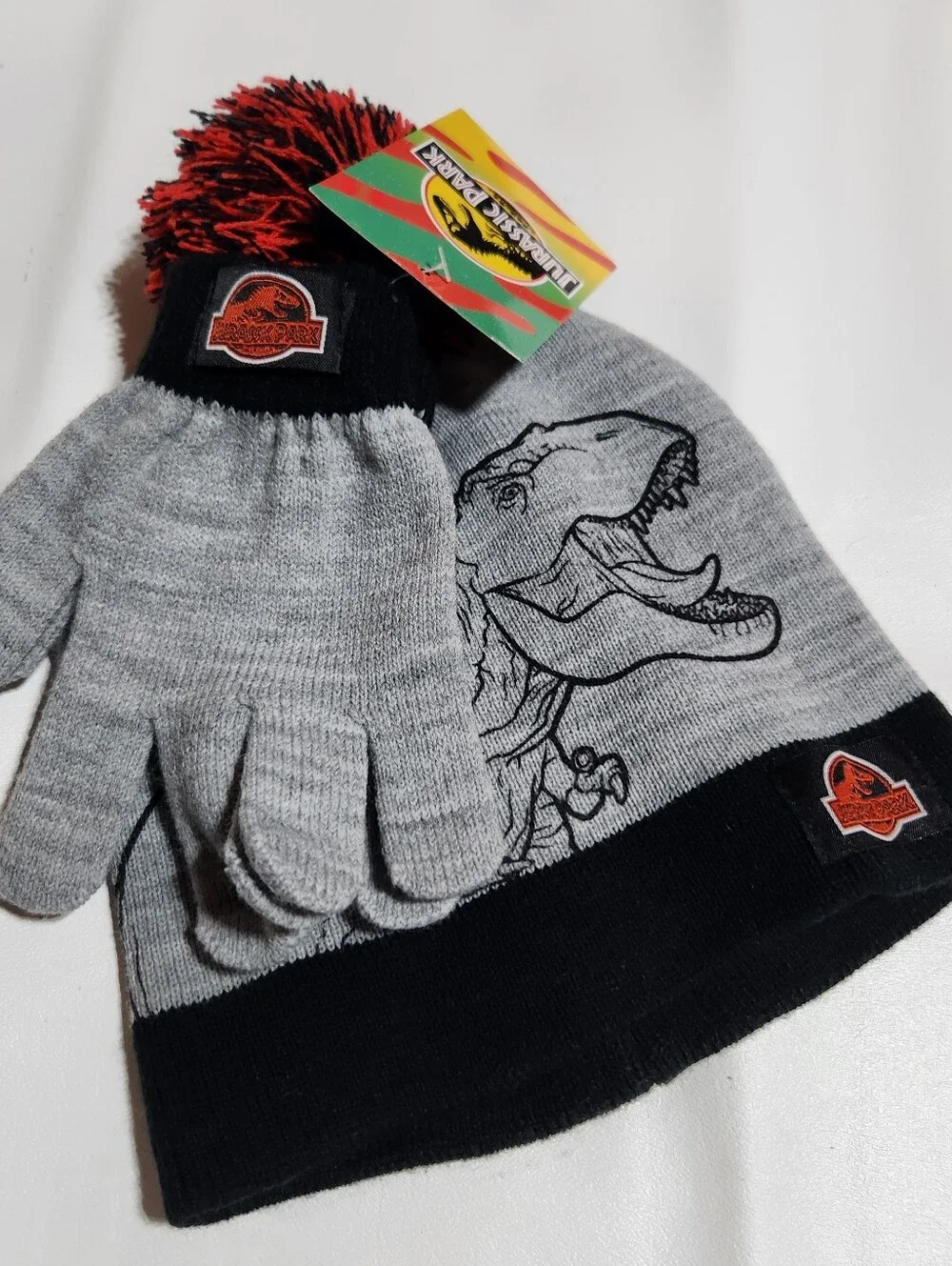 Jurassic Park Winter Beanie Hat And Gloves Kids New Gray Black Red Dinosaur
